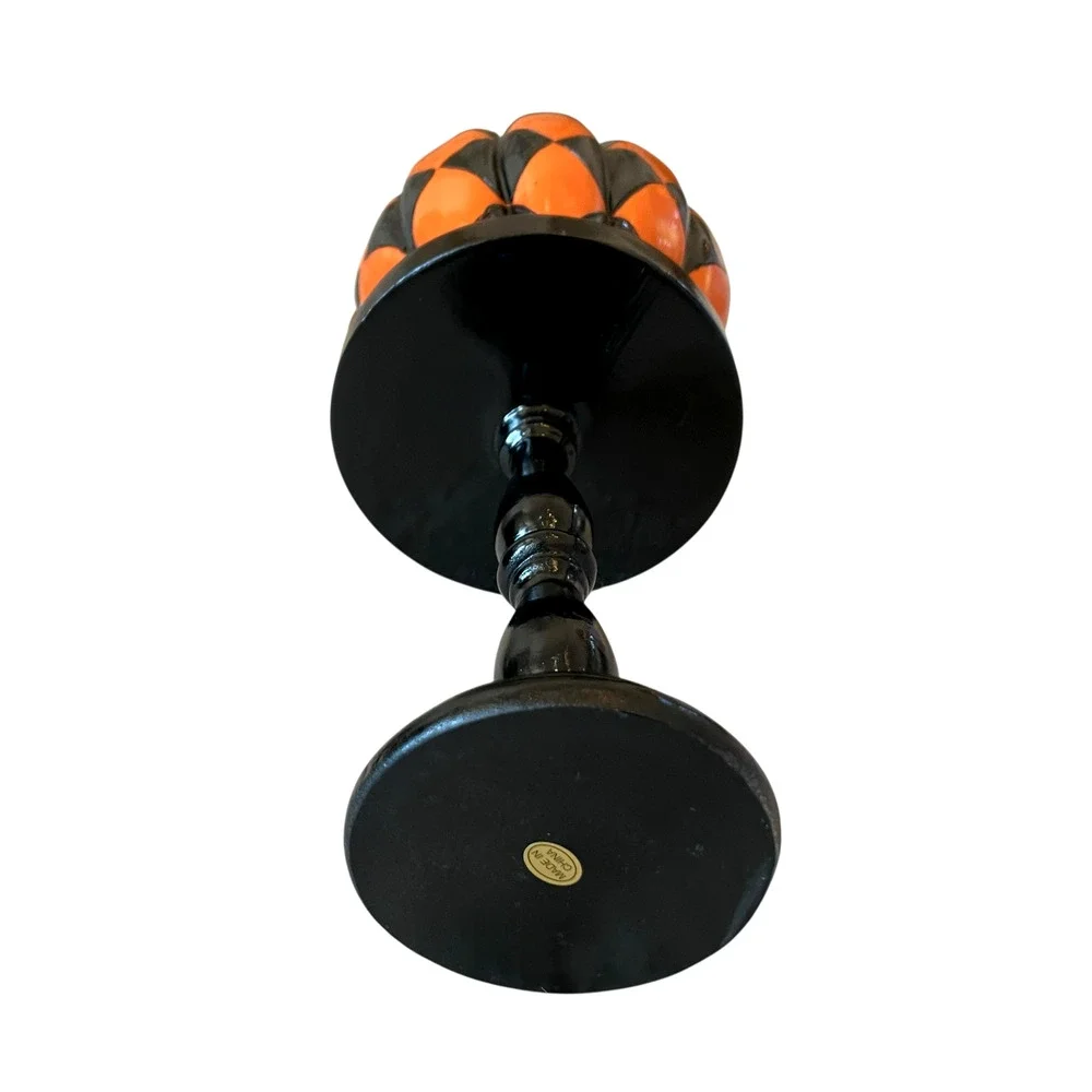 Black & Orange Checkered Pumpkin On Pedestal 13.5in Resin Halloween Decor NEW